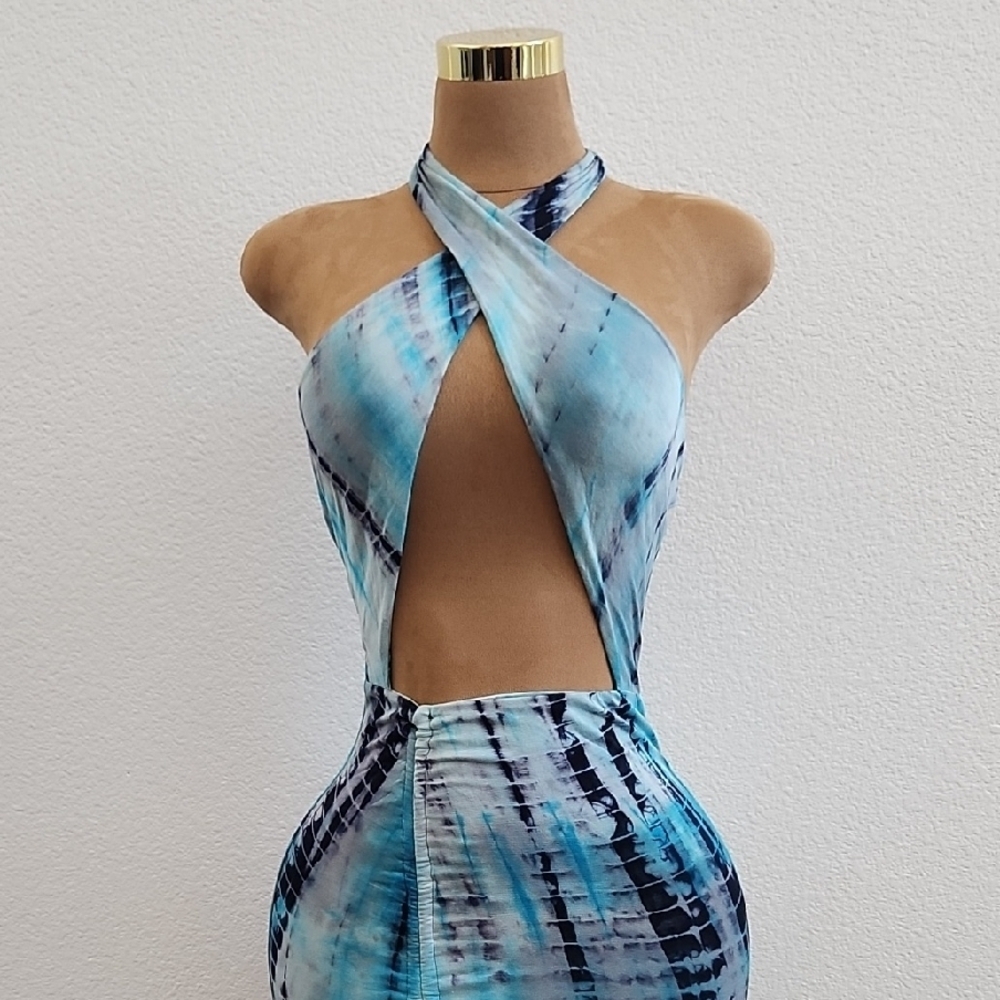 Vibrant Blue Tie-Dye Halter Dress